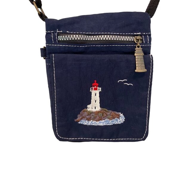 Vintage Navy mini Crossbody Bag With Lighthouse Embroidery Zipper Closure travel - Picture 2 of 12